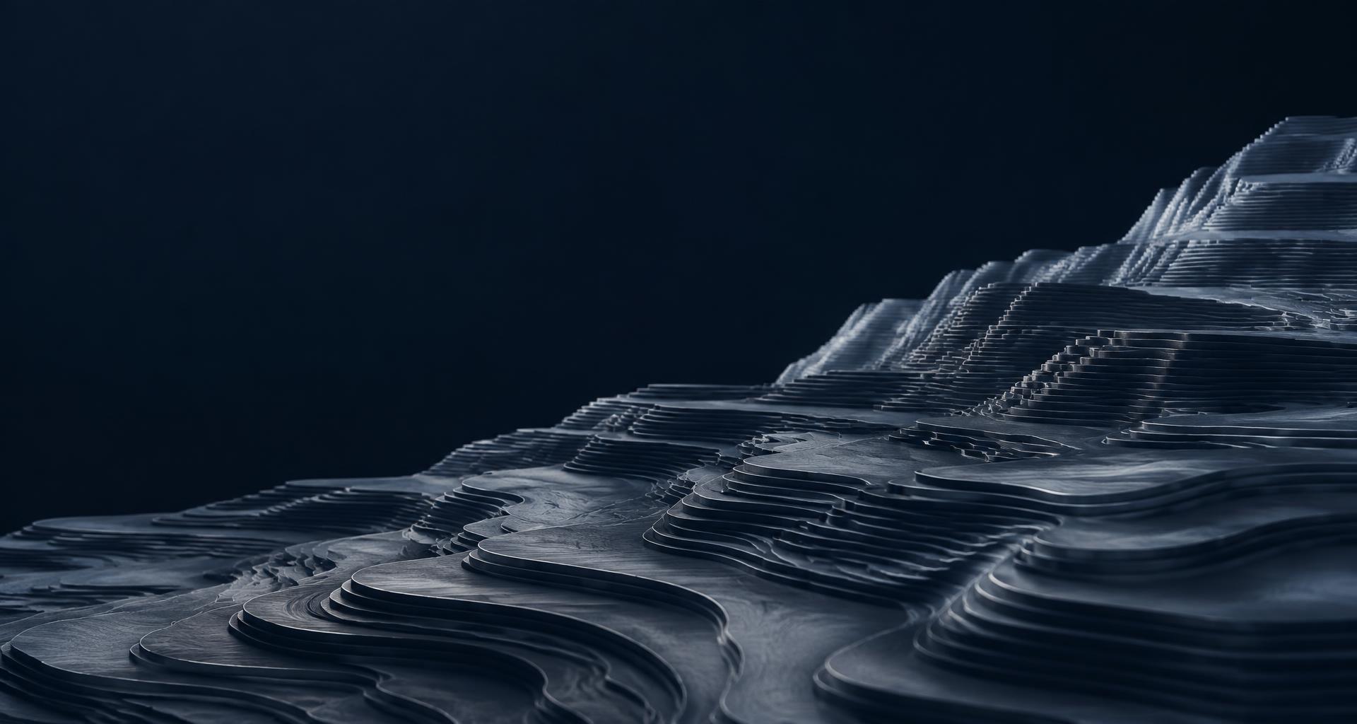 A finely layered landscape of structured metallic contours